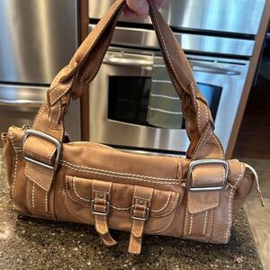 Fossil Tan Leather Satchel with Buckle Accents